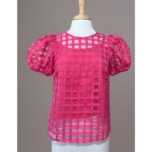 COTTON BLEU Womens S Fuchsia Pink Square Windowpane Puff Sleeve Blouse Top NWT